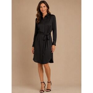 Quince Black Stretch Silk Shirt Dress Sz Small Long Sleeve Belted